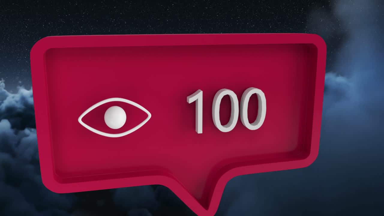 Animation of eye icon with numbers on speech bubble over sky and clouds