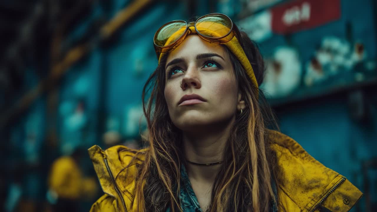 A confident young woman in a vibrant yellow jacket and yellow goggles gazes thoughtfully into the distance, embodying strength and resilience in a visually striking setting