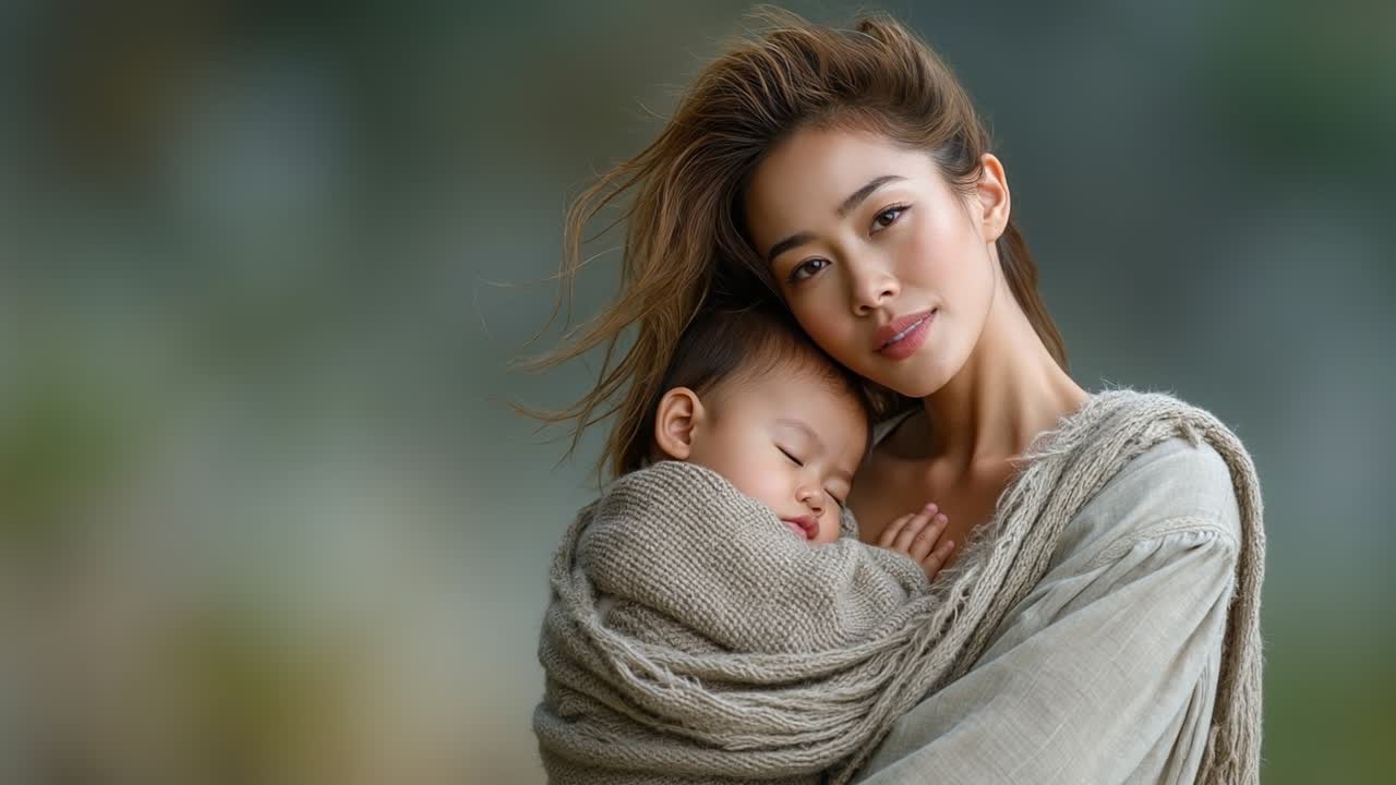 Junge asiatische Mutter hält schlafendes Baby in einem Tragetuch vor sanftem, natürlichem Hintergrund.
