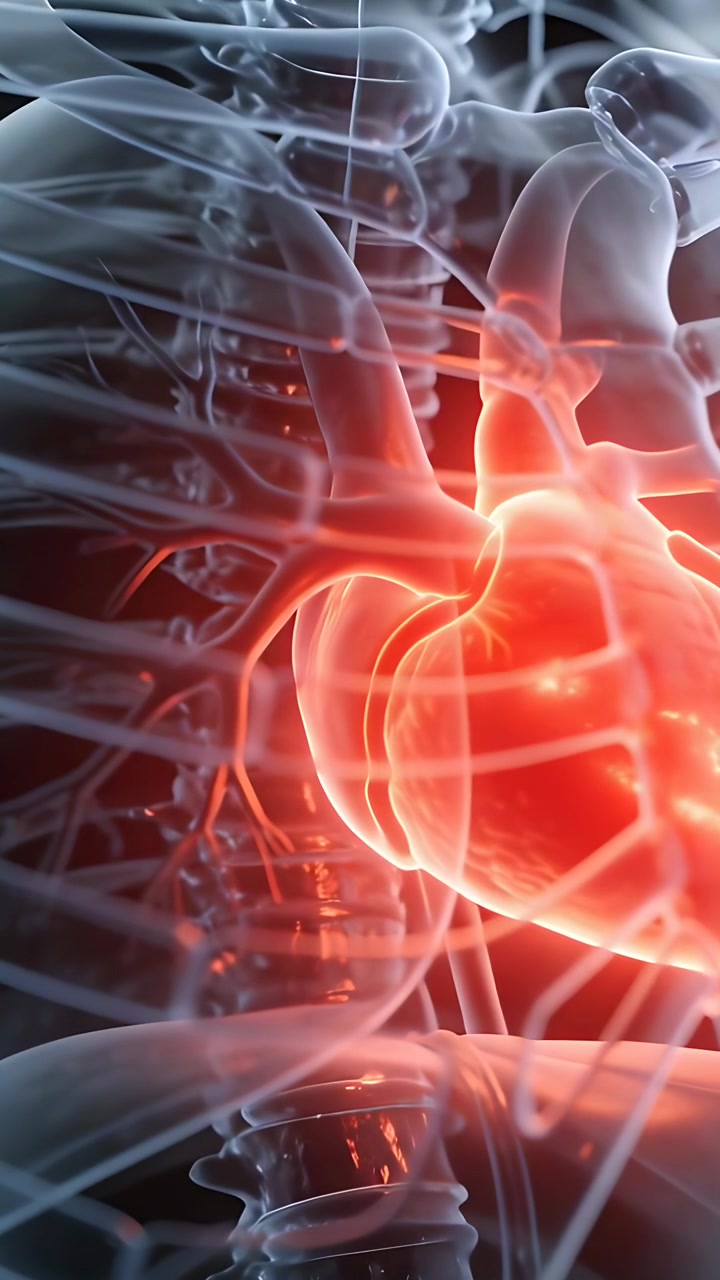 Video verticale: Cuore che pulsa per segnalare, pompando sangue nel petto, telecamera che zooma, mostrando costole e vene.