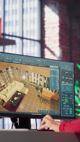 vertical video woman at home creating a 3d render of an apartment interior layout