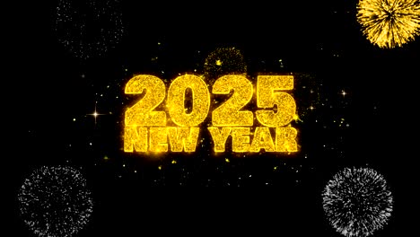 2025 new year text wish reveal on glitter golden particles firework.