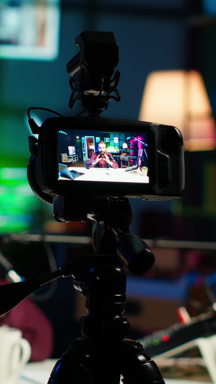 Video verticale. Focus su una fotocamera professionale utilizzata da un uomo che presenta un programma online