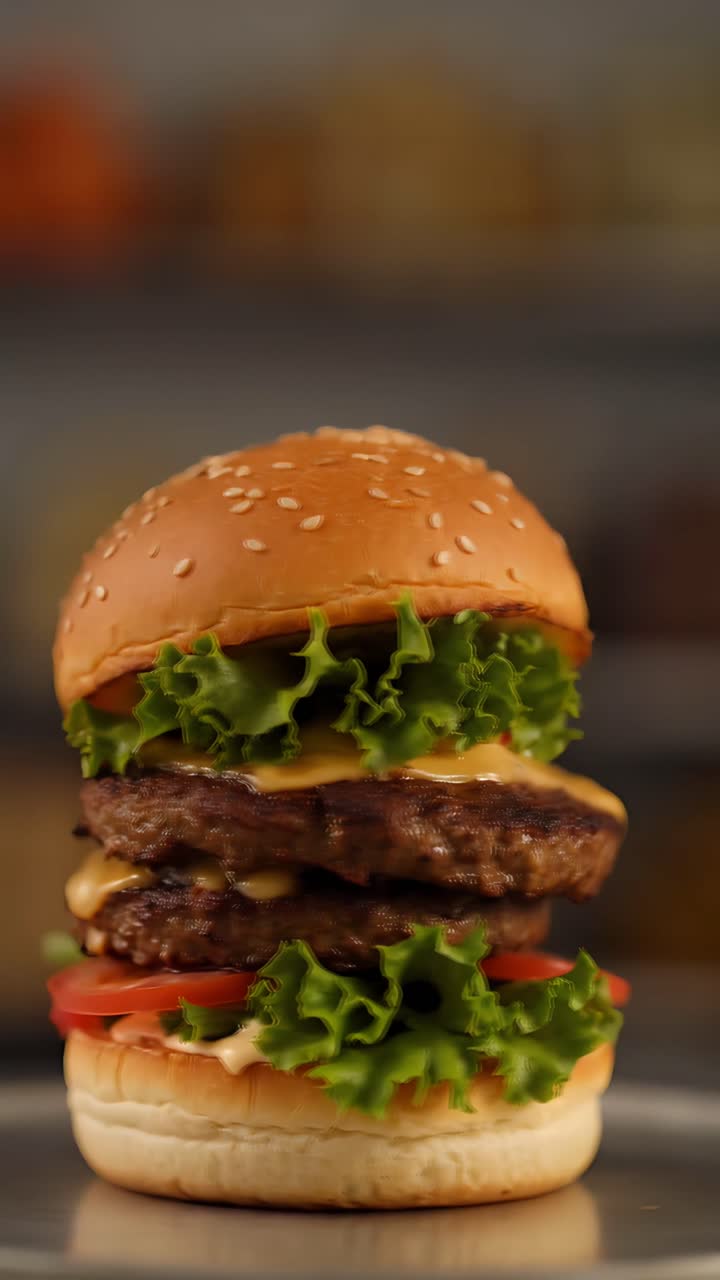 Hamburger Succoso Primo Piano Sfondo Bokeh 4K