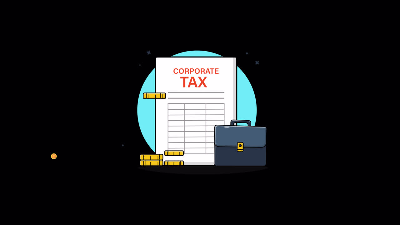 Documento fiscale aziendale con animazione di denaro e valigetta.