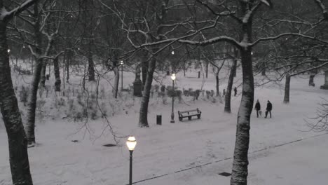 streetlamps illuminate snow falling on people crisscrossing through an urban winter park, aerial push