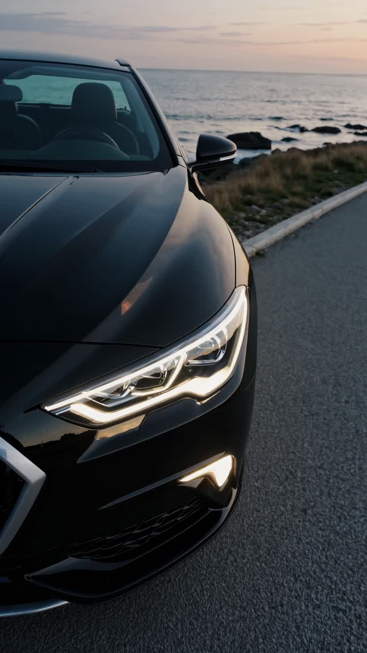 Sleek car front captured at a low angle by the ocean at sunset, highlighting modern design