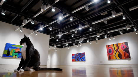 black and white cat in an art museum