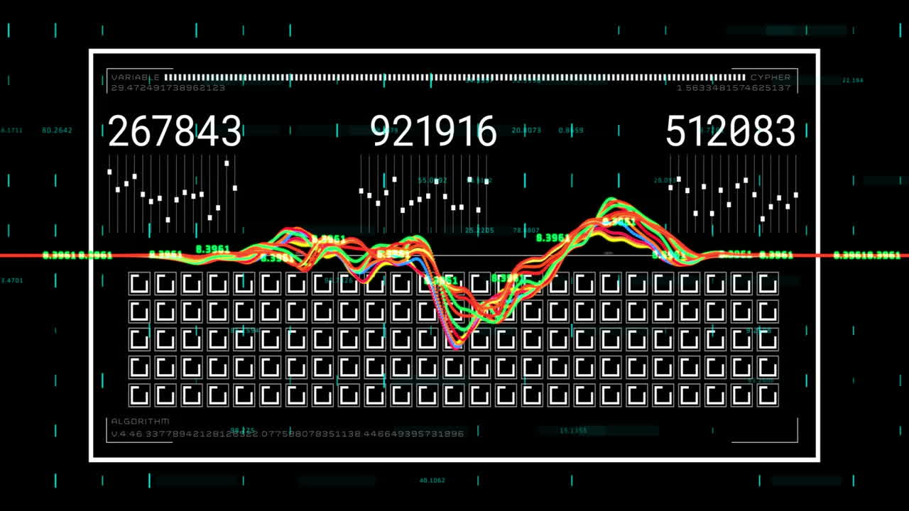 gráficos de datos coloridos y animación de números sobre el fondo de la cuadrícula digital