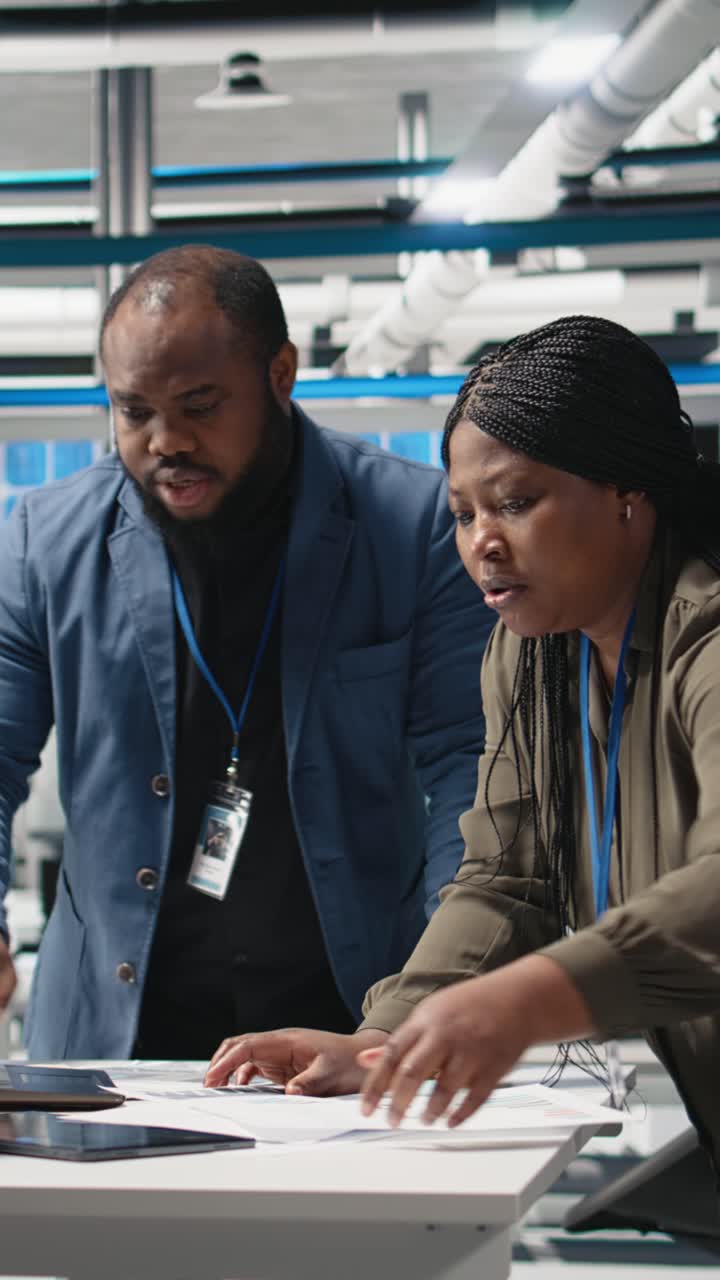 Vertical Video Team of african american consultants reviewing data and checklists