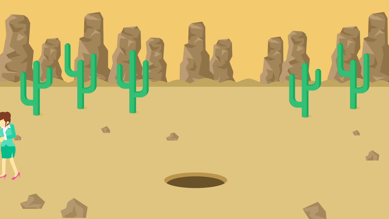 비즈니스 여자가 구을 뛰어넘습니다. 사막의 배경. 위험 개념. 평평한 스타일의 루프 일러스트레이션.