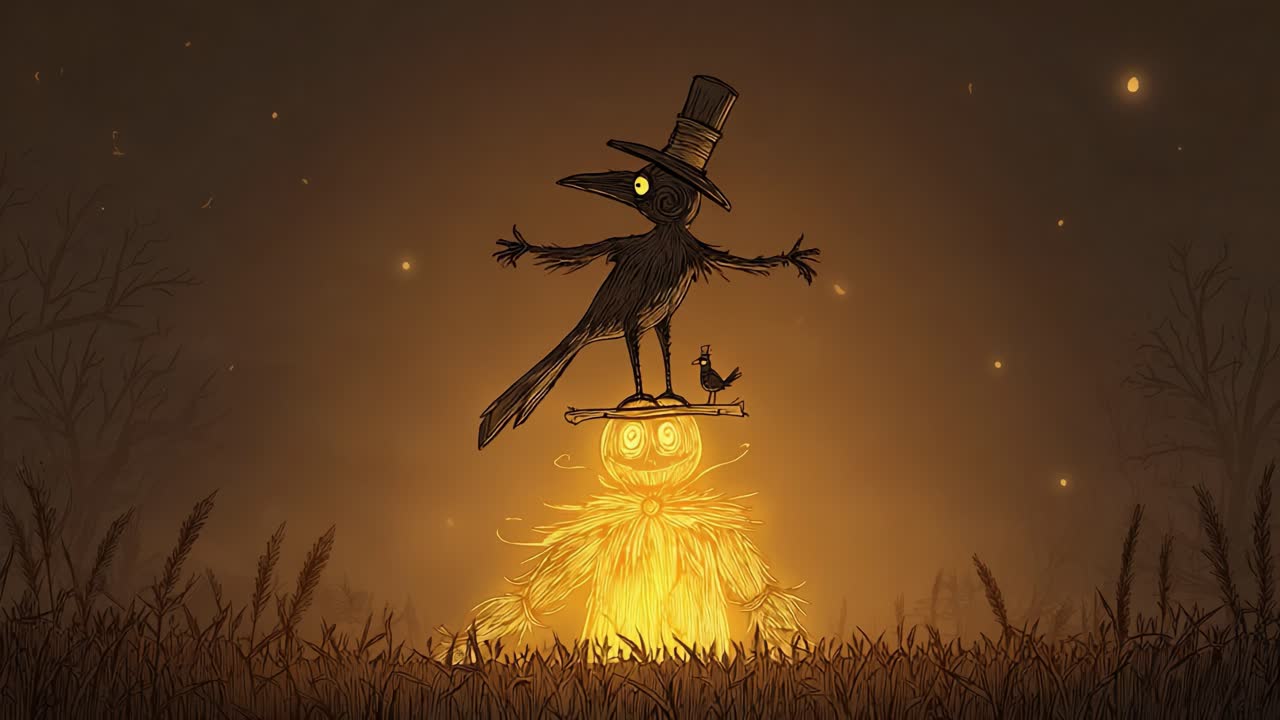 A whimsical scene featuring a mischievous crow on a scarecrow's shoulders, illuminated by a warm glow, capturing the essence of autumnal magic and playful spirit