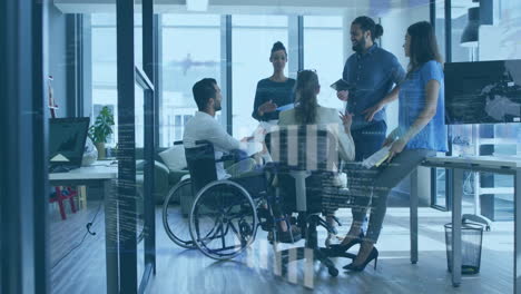 animation of financial data processing over diverse business people in office