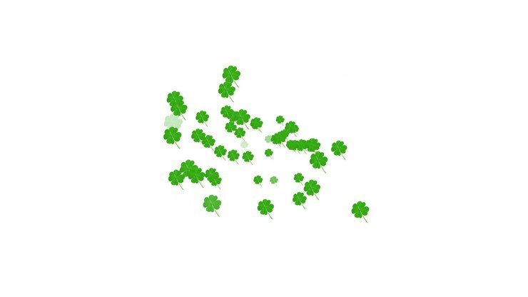 Molteplici foglie di trifoglio fluttuanti e scie di luce verde su sfondo bianco