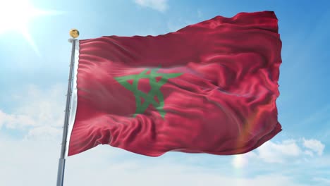 bandera de marruecos ondeando en el viento contra el cielo azul profundo. tema nacional, concepto internacional. render 3d bucle sin costuras 4k