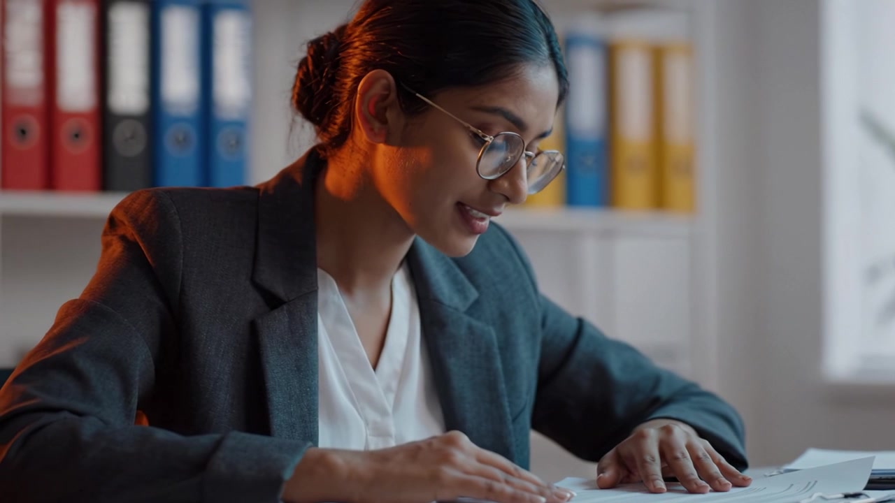 Focused Professional Reviewing Documents in Modern Office Setting with Warm Lighting, Emphasizing Concentration and Detail in a Professional Environment
