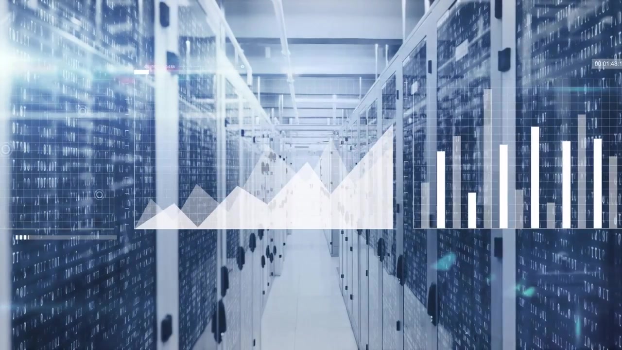 Data center aisle reacting to feed, displaying HUD and analytics, growing charts for monitoring
