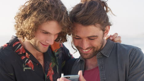 beach, men and friends with phone on social media