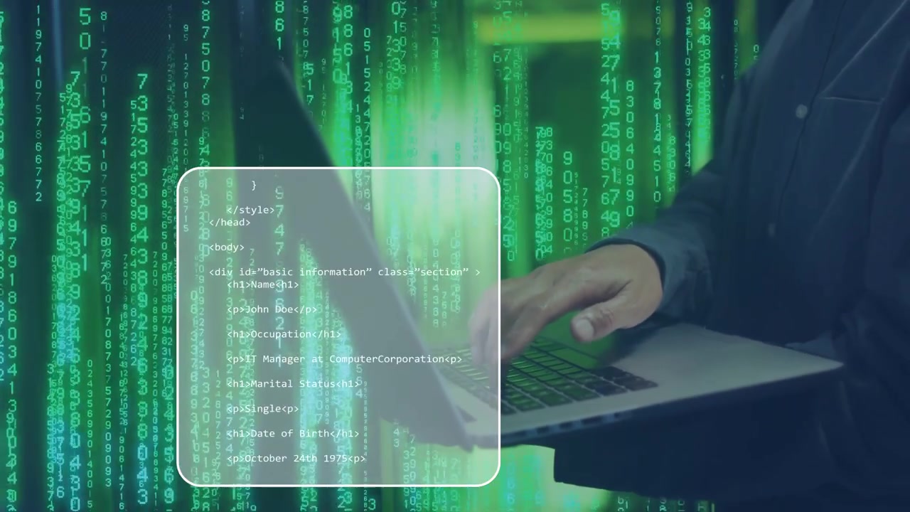 Green rain intensifying, developer typing on laptop as code panels sliding in to debug HTML