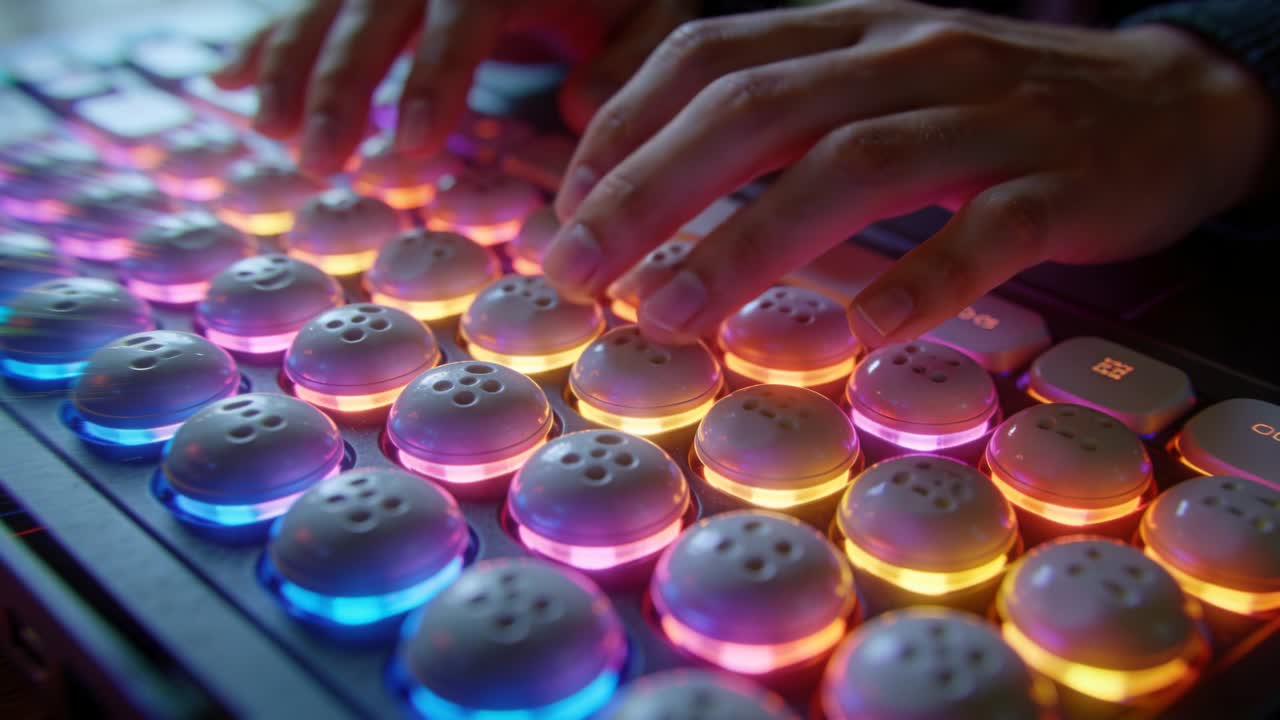 Zwevende handen in donkere mouwen beginnen een snelle reeks toetsaanslagen op RGB-toetsen op een bureau, waarbij ze een spel besturen.