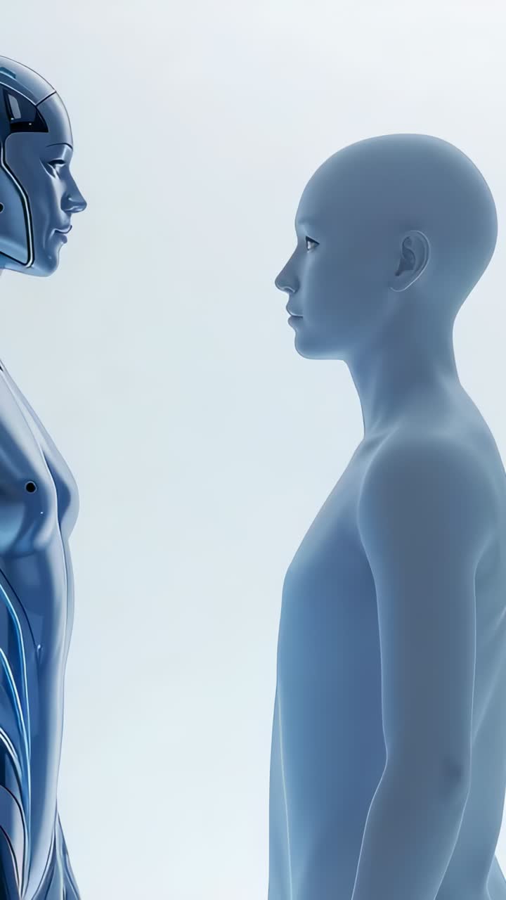 Video verticale: umanoide blu che solleva il mento in studio verso un androide metallico, mantenendo lo sguardo per studiarlo