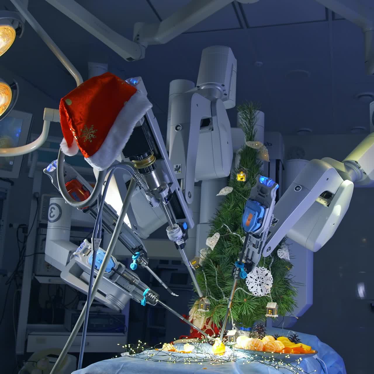 Robotic surgery machine peel the tangerines at the operating table. High technological equipment in the operating room with turned on lights. Christmas decorations in the operation room