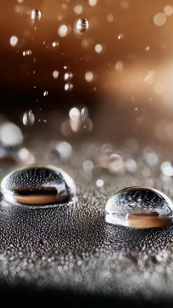 Primo piano accattivante di goccioline d'acqua su una superficie con splendidi riflessi ed effetti bokeh sullo sfondo per un'esperienza visiva affascinante