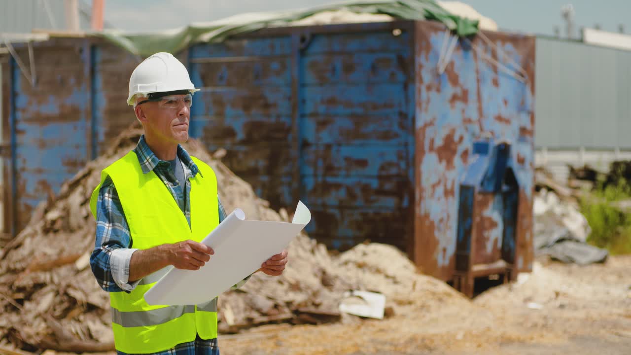 청사진 9를 분석하는 자신감 있는 성숙한 남성 엔지니어