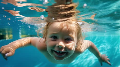 baby swimming underwater in a pool, smiling and having fun during summer vacation, joyfully learning to swim while creating cherished holiday memories with family