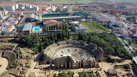 orbital shot of roman amphitheatre historic landmark in merida spain, europe