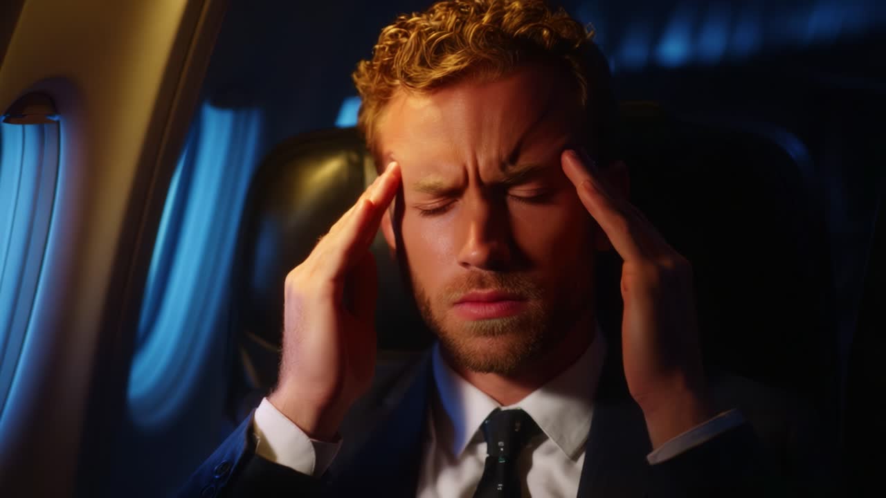 A man in a darkened airplane cabin exhibits signs of distress, holding his head in his hands, indicating he is experiencing a headache or overwhelming stress during a flight, capturing an intense emotional moment