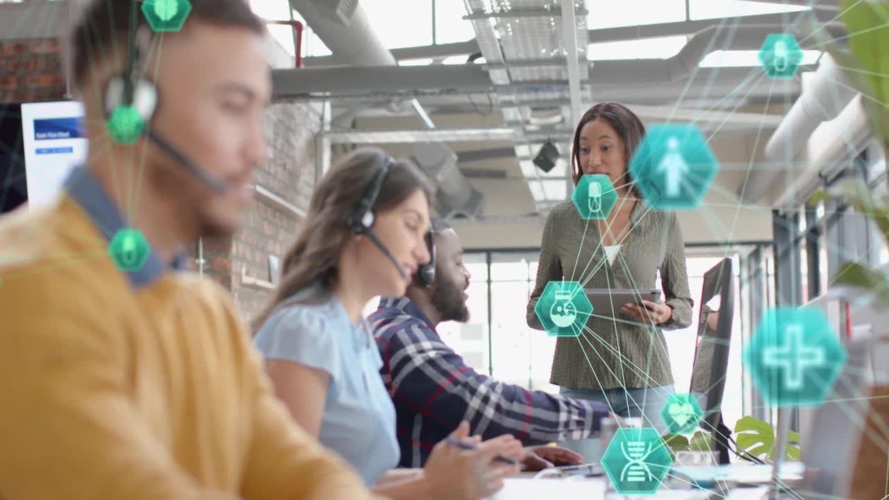 Customer service team working in office with healthcare icons and network animation