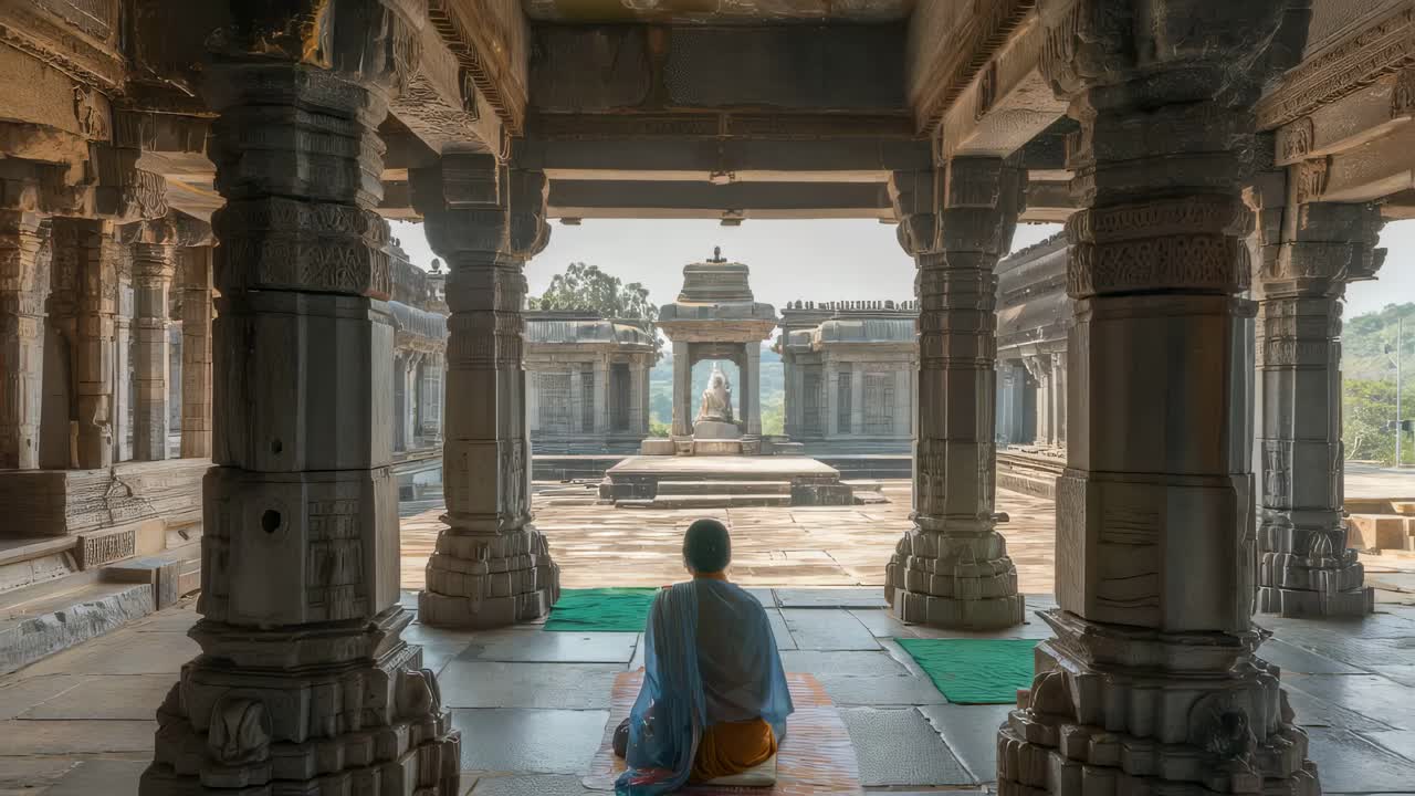 Buddhist monk sitting quietly inside historic Thousand Rama Temple, meditating peacefully in Warangal, India