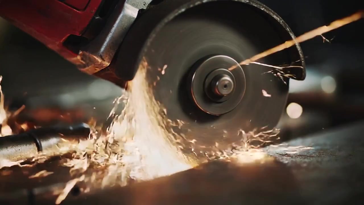 Cutting spinning angle grinder disc contacting metal on bench, spraying sparks while removing rivet