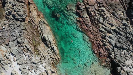 lonely woman snorkeling in turquoise lagoon water ascending top down drone shot