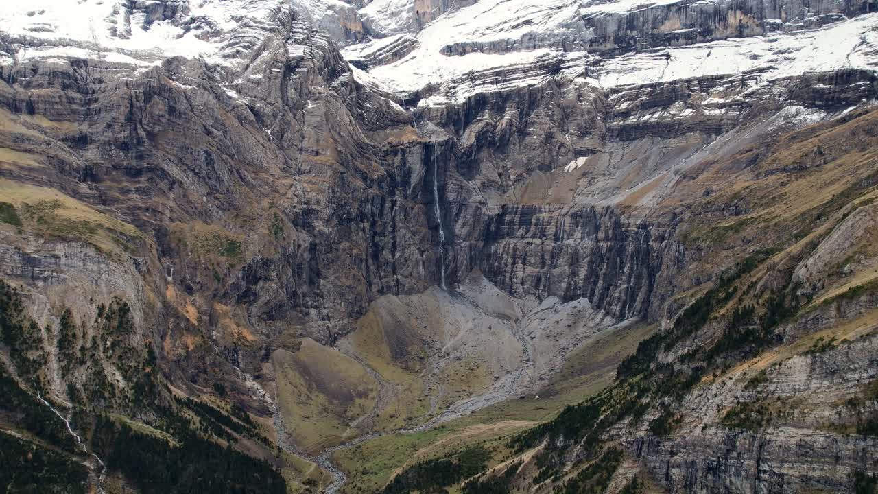 Majestic view of Gavarnie Falls cascading down rocky cirque walls
