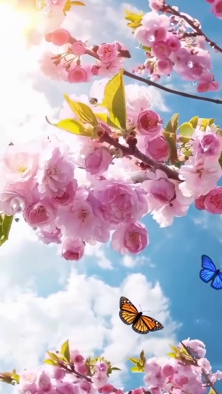 Beautiful Pink Cherry Blossoms and Butterflies Against a Bright Blue Sky