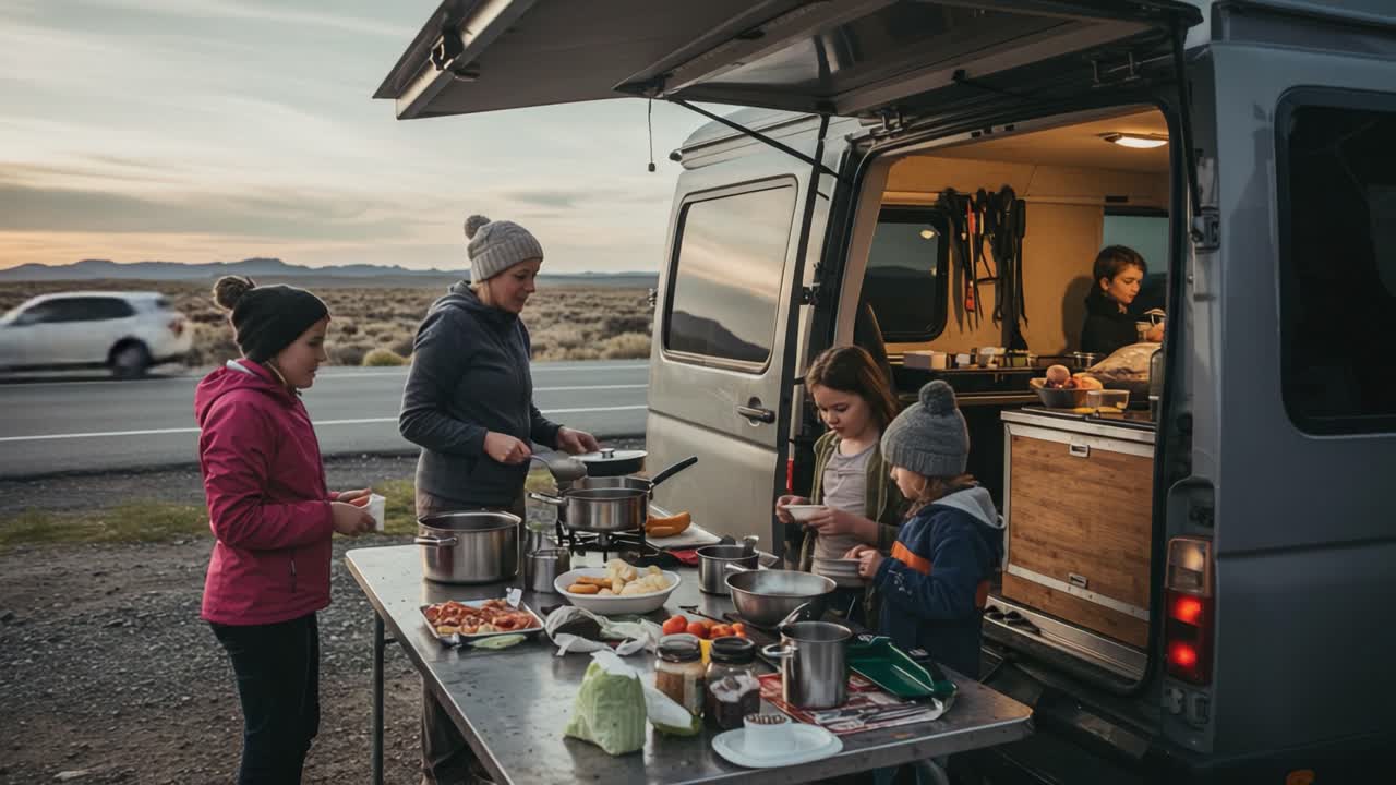 Family Bonding and Outdoor Cooking Adventure: Preparing a Delicious Meal Together from the Comfort of a Camper Van in a Scenic Landscape