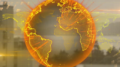 animation of globe with glowing light trails over cityscape
