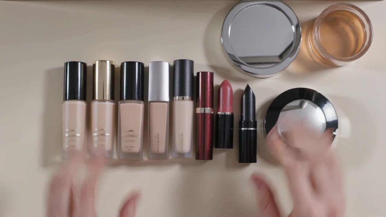 Entering hands arranging makeup on beige vanity under mirror, forming neat lineup of 5 foundations