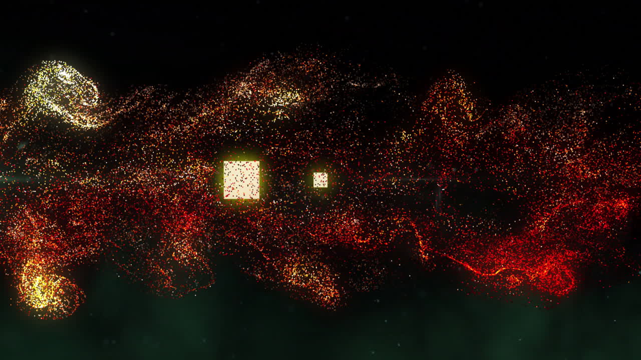 Animation of glowing particles forming shapes with illuminated squares on dark background