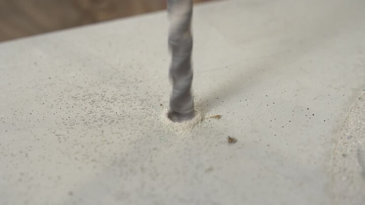 Close up of a metal drill drilling a hole in the white floor