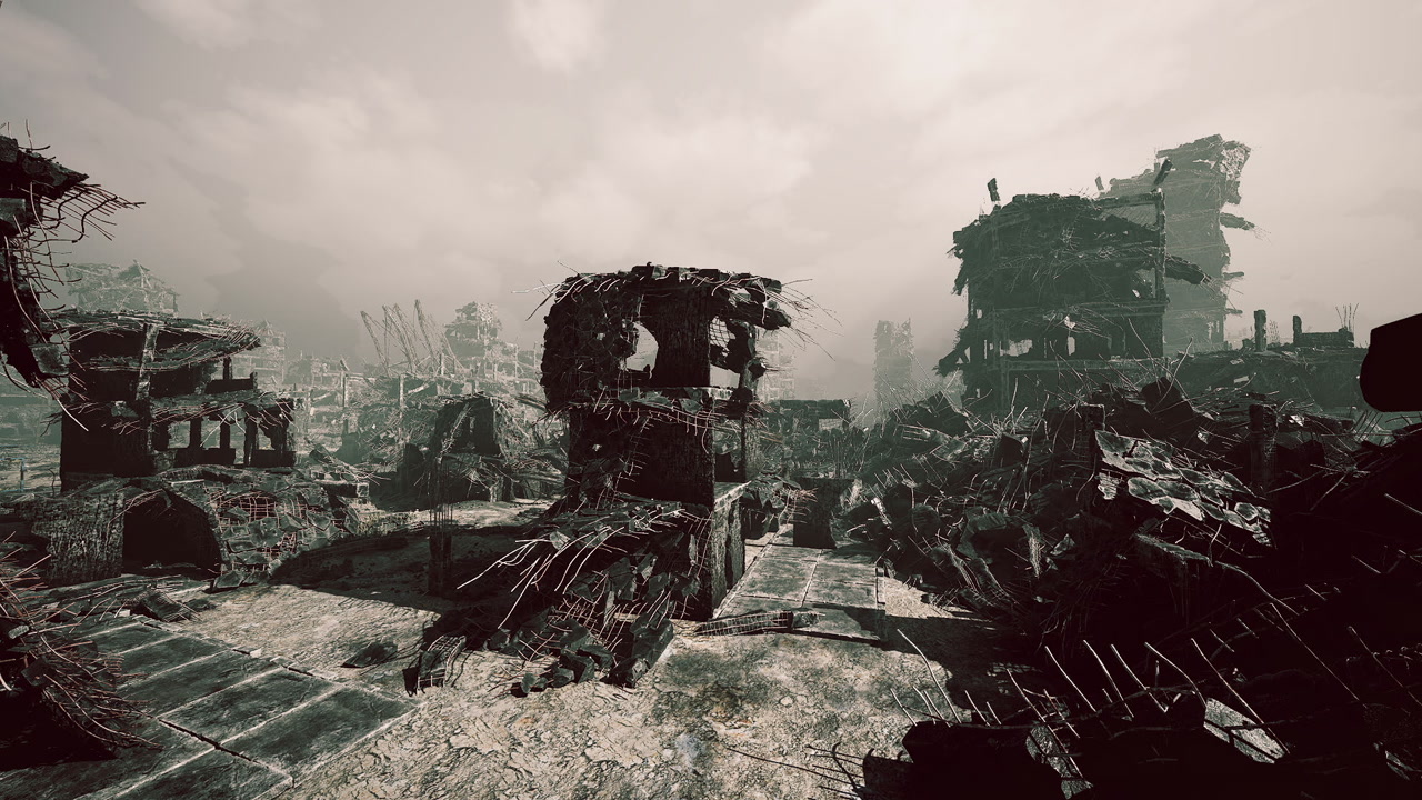 Desolate landscape of crumbling structures in a post apocalyptic city