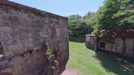 fpv shot of the ruins of ingenius engombe or the former sugar factory in the dominican republic