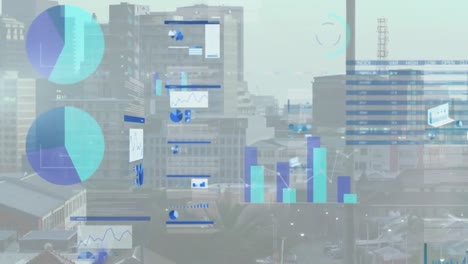 Animation-of-multiple-graphs-and-trading-board-over-aerial-view-of-buildings-in-background