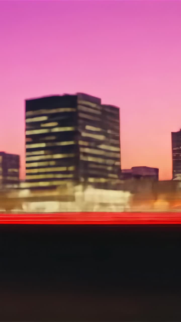 Vertical video: Starting with neon diner sign at dusk, camera tracking red streak past lit towers