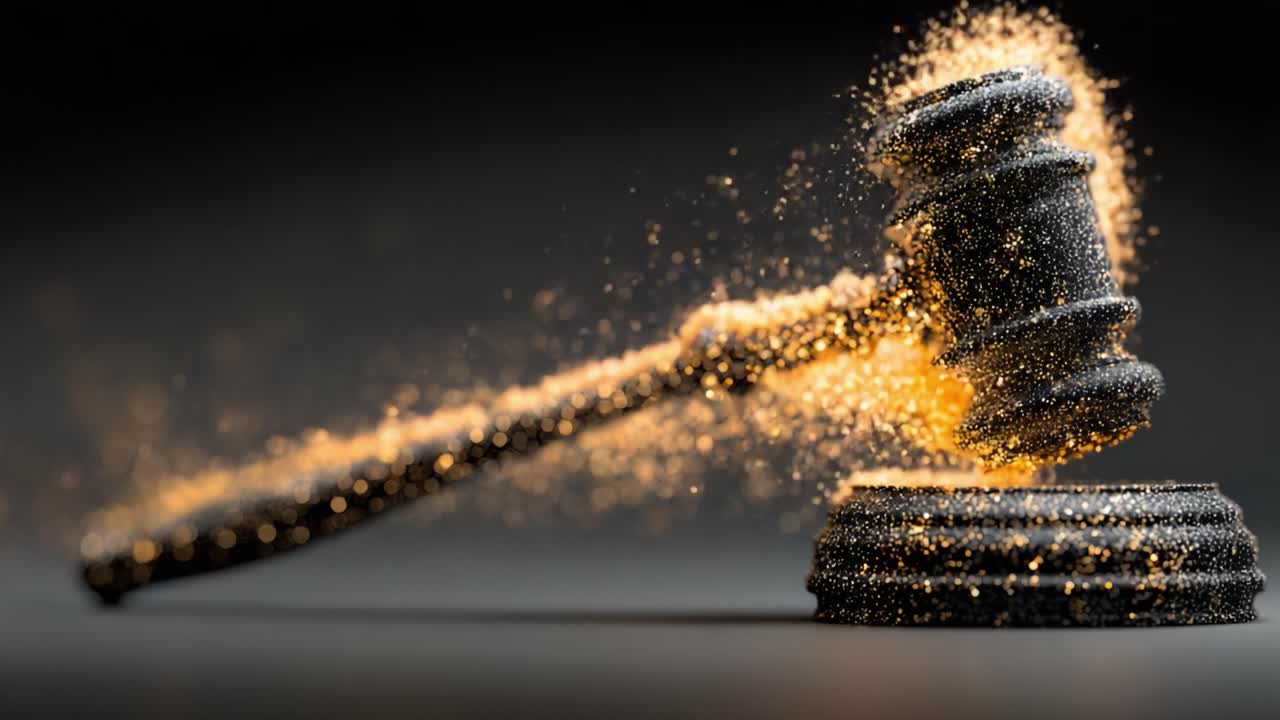 A Stunning Transition: The Symbol of Justice Captured in Motion, Showcasing the Powerful Gavel with a Magical Dust Effect that Embodies Authority and Resolution