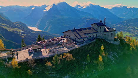 Left-to-right-pan-shot-of-a-building-on-top-of-the-hills-in-Germany