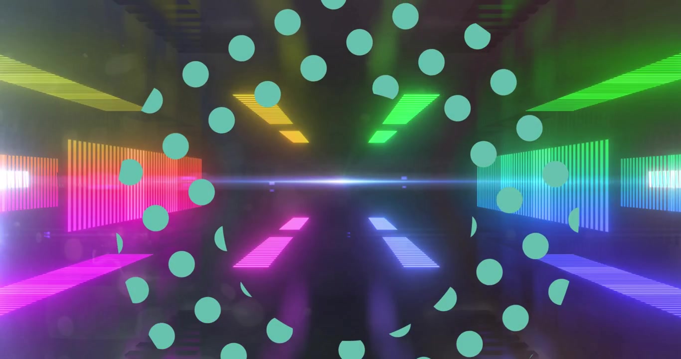 Animation of green dots over neon lights in black space