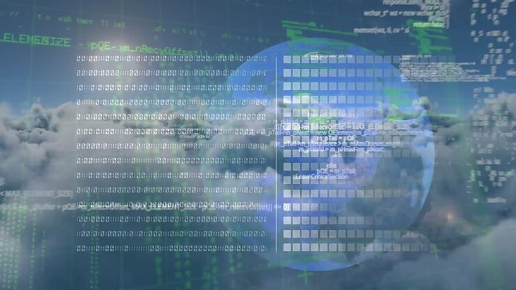 Animation of digital data processing over cloudy sky